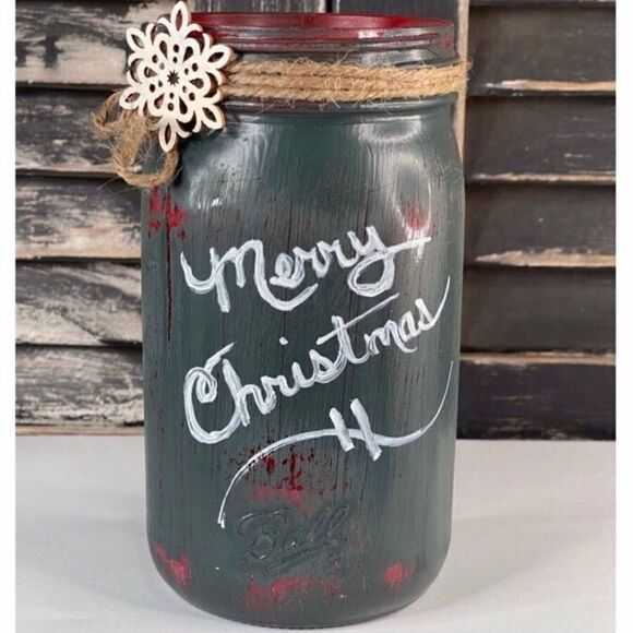 Hand-Painted Mason Jar, Merry Christmas, Tin Snowman, Snowflake, Bells, Green - Picture 2 of 4